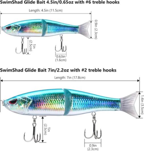 SwimShad Glide Baits - 3 Pack - Slider Jointed Lure for Bass, Pike, Salmon, Trout and Muskellunge Fishing Black/Silver +Gizzard Shad +Sardine 7in/2.2oz