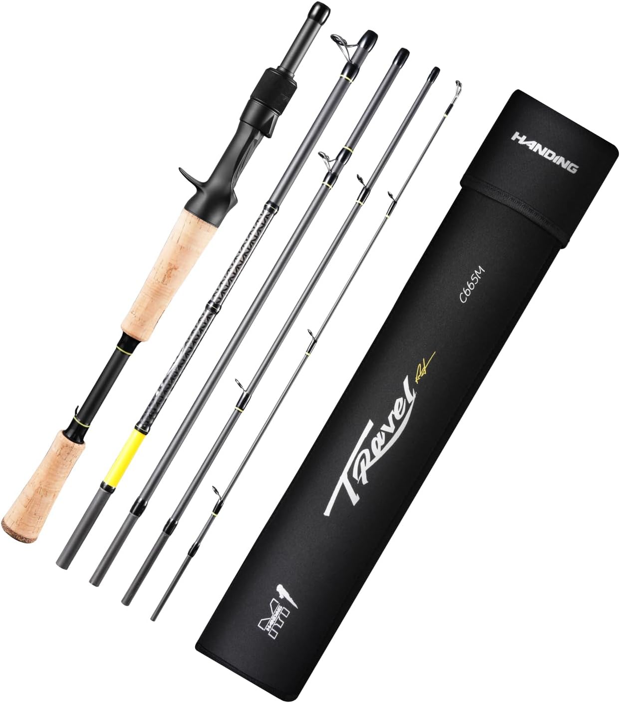 M1 Travel Fishing Rod Portable Spinning & Casting Rod with 30T+24T Carbon Fiber and Cork Handle Split Reel Seat for Bass Walleye Pike Snook Redfish Freshwater Drum etc Cast 6'6''- Medium - Fast - 5pcs