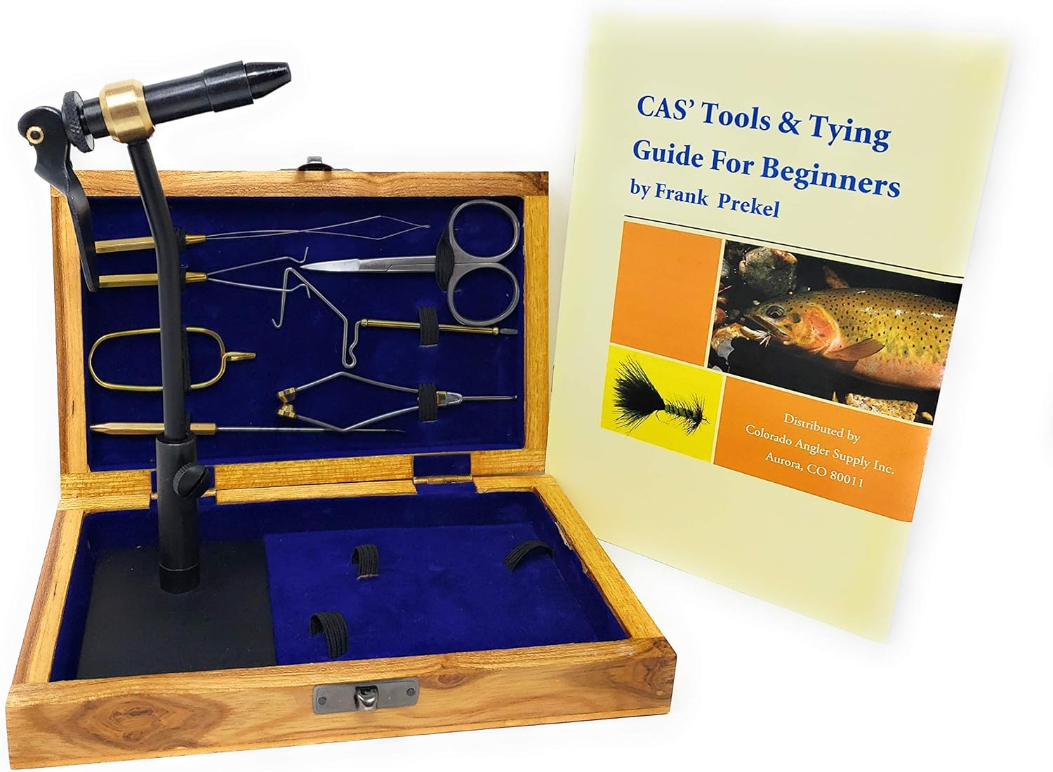Colorado Anglers - Fly Tying Standard Tool Kit with Wooden Box & Book, Rotary Vise, Bobbin, Scissors, Whip Finisher, Complete Fly Fishing Set for Beginners & Pros