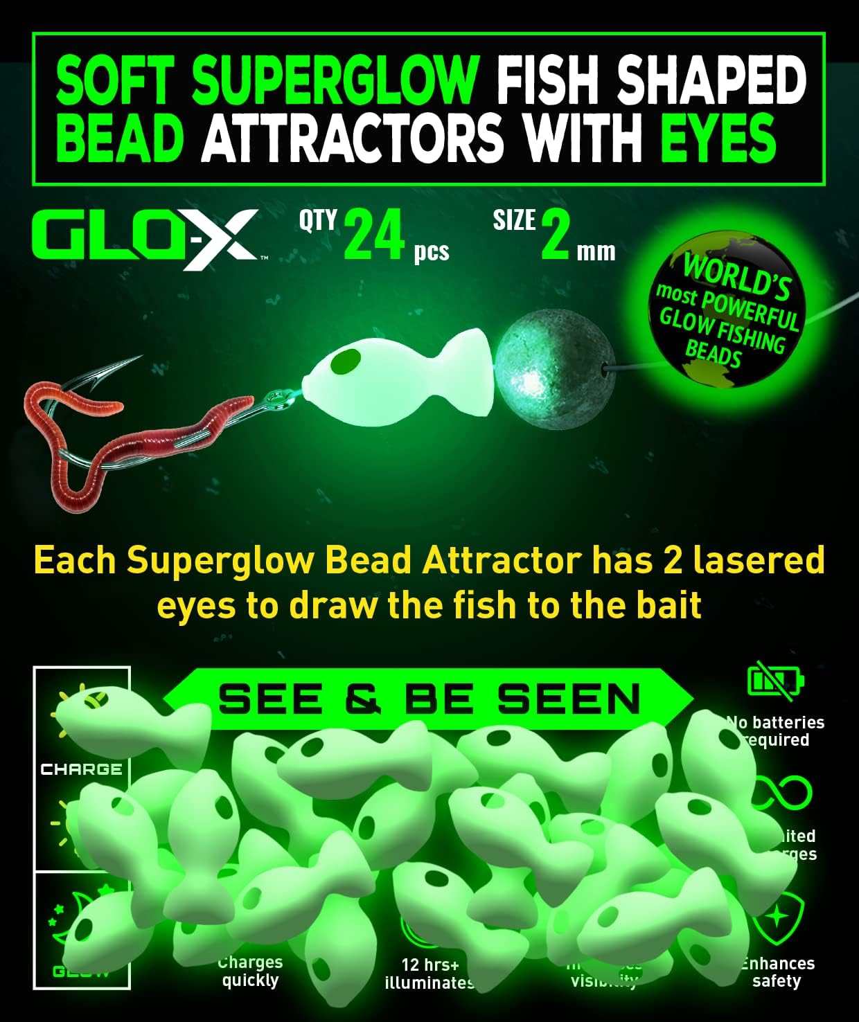 GLO-X 24pcs Fishing Lures Bobbers Soft Plastic Glow Fishing Beads with Eyes, Luminous Glow Attracts Fish Bass Trout Pike Perch Catfish Snapper Salmon in Ice, Freshwater & Saltwater Fishing Accessories