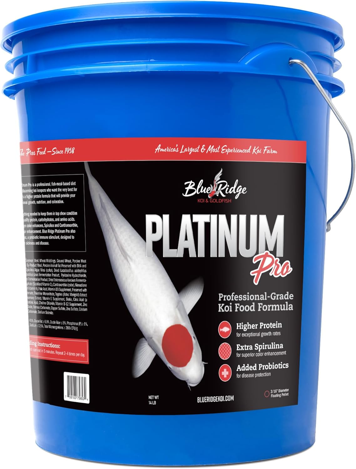Blue Ridge Koi Fish Food 14lb - Koi Food 3/16” Platinum Pro Formula Goldfish Food, Premium Fish Food for Ponds, Ponds Fish Food, Floating Pond Pellet 14 Pound (Pack of 1)