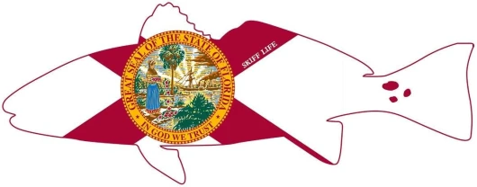 3" X 1" Skiff Life Redfish Outline with Florida Flag Decal Mini Red Drum Decal 3"X1"