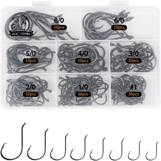 Circle Hooks Fishing Hooks 2X Strong Offset Circle Hooks Saltwater Black High Carbon Steel Octopus Catfish Fishing Hooks Fishing Gear Tackle 150pcs/ 240pcs - Size:#1 1/0 2/0 3/0 4/0 5/0 6/0 8/0