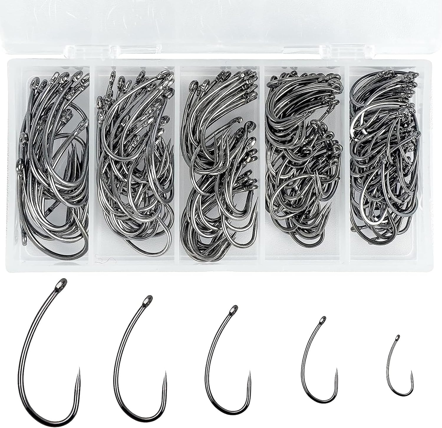 200pcs Barbless Fishing Hooks Kit Carp Fishing Fly Tying Hooks Circle Curve Shank Barbless Live Bait Carp Hair Rig Trout Freshwater Saltwater