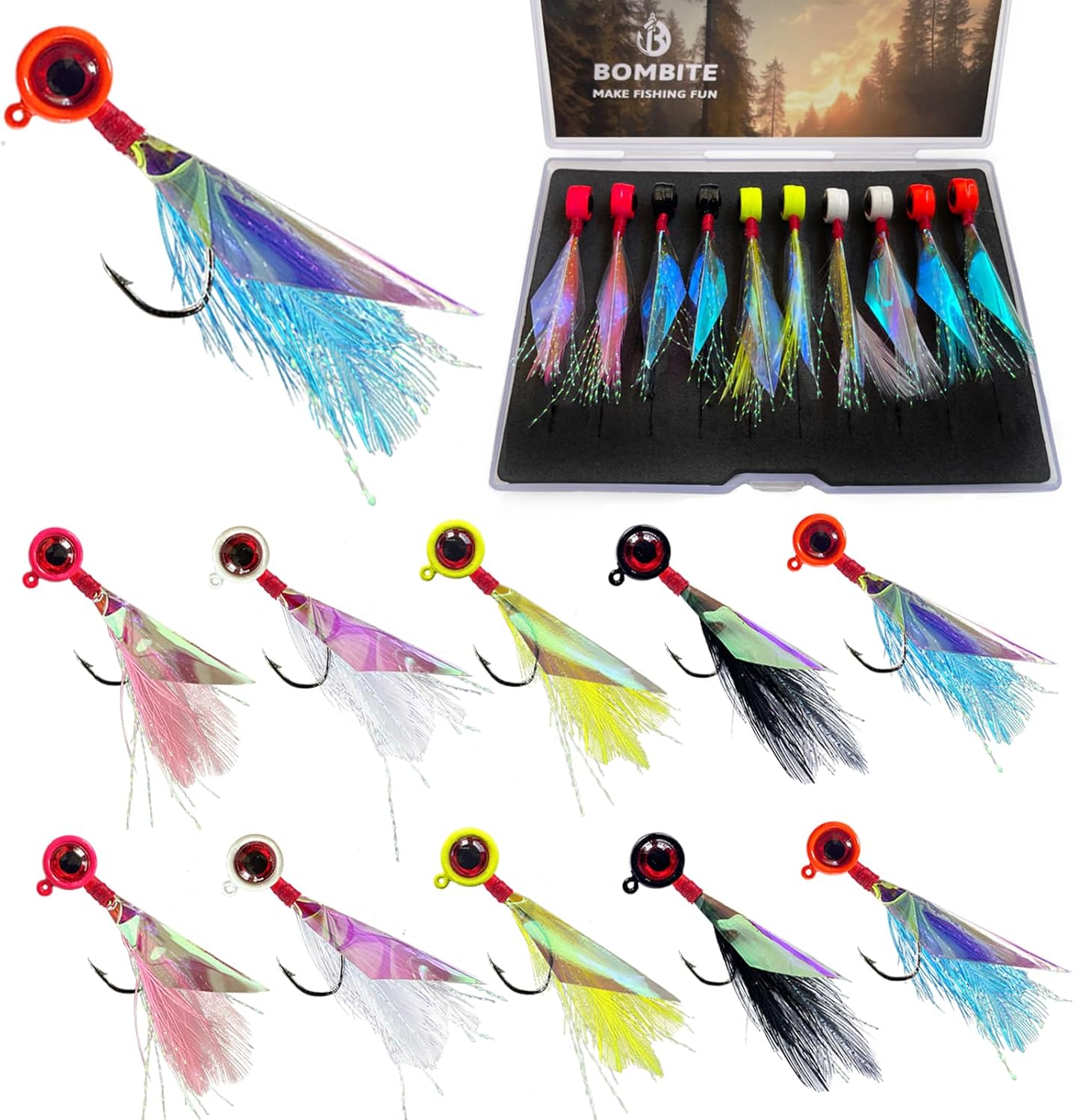 Crappie Jigs - Hand-Tied Jig Heads With Rainbow Skin Feather, Fishing Lures Kit for Bass, Walleye, Panfish, Sunfish - 1/32oz, 1/16oz, 1/8oz 10pcs-1/32oz