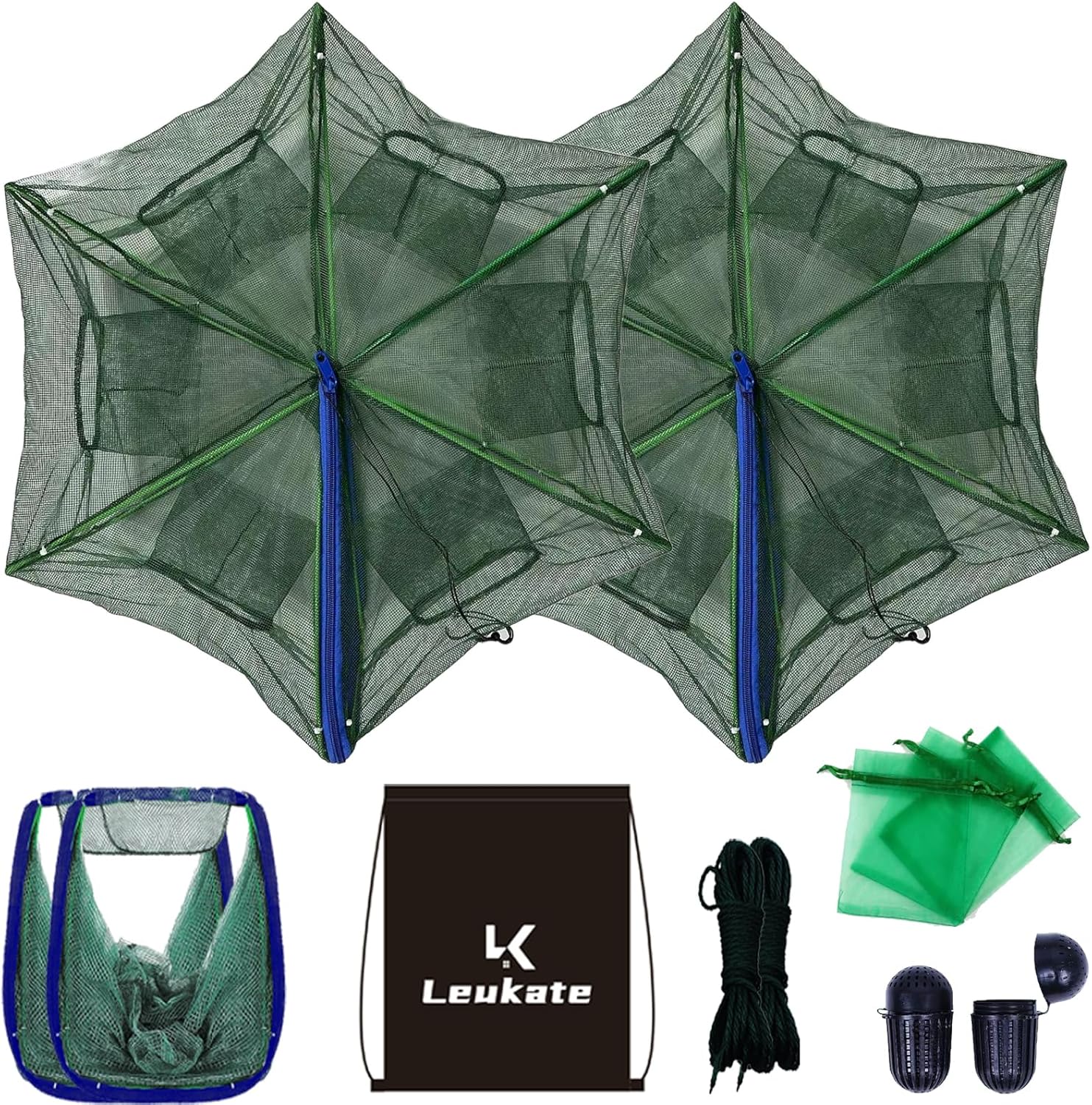 Collapsible Fishing Bait Minnow Trap - Durable Fish Trap Net for Minnow, Crab, Crayfish, Shrimp Fish Trap Net - Designed for Minnows and Beyond 6-Hole-2Pic Blue