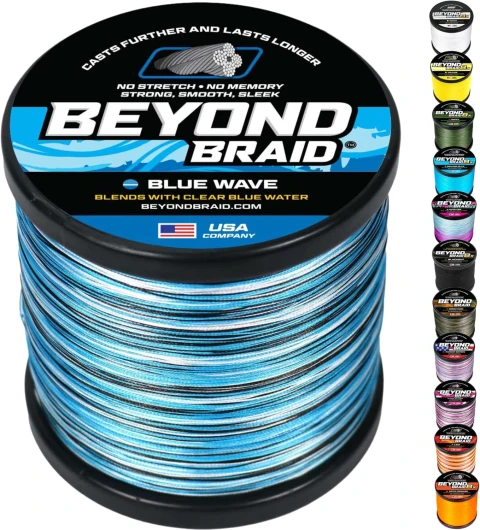 Braided Fishing Line -Super Strong - Abrasion Resistant - No Stretch -Blue Camo, Moss Camo, White, Green, Pink, Blue, 4 Strand 8 Strand Blue Wave 20LB (500 Yards)