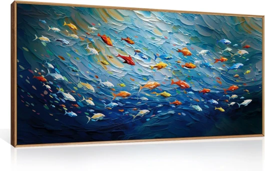 Ocean Canvas Wall Art, 20"X40" Large Sea Fish Painting, Navy Blue Marine Fish Wall Decor, Colorful Fishes Artwork for Living Room, Bedroom, Office, Modern Home Decor blue ocean fish