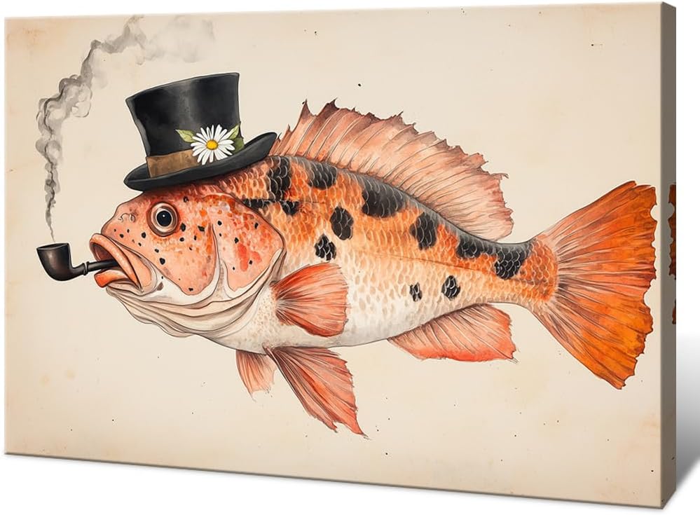 Vintage Print Fish Poster Grouper with Pipe Collage Retro Maritime Wall Art Wall Decoration Country House Print Gift Idea animals05-Framed 36L" x 24W"