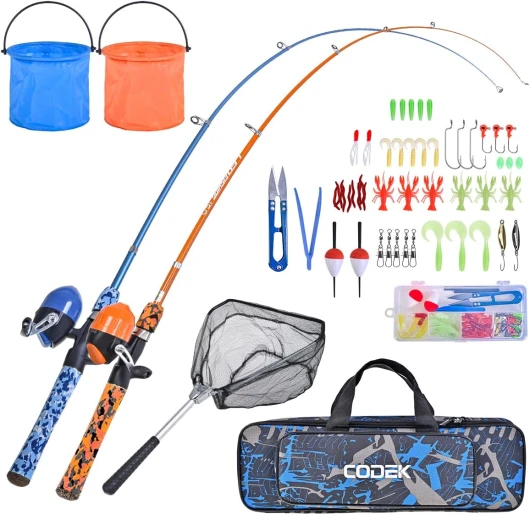 CODEK Kids Fishing Pole Set with Full Starter Kits 2 Set Portable Telescopic Fishing Rod and Spincast Reel Cambos with a Fishing Net and 2 Buckets for Boys Girls and Youth Blue+Orange