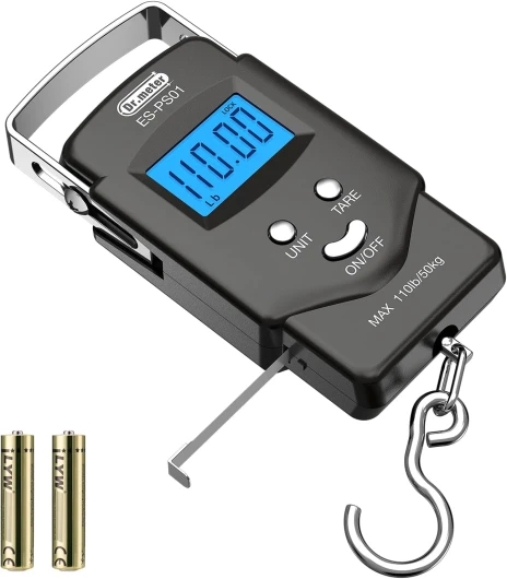 Dr.meter Fish Scale Luggage Scale Fishing Gear - 110lb/50kg Backlit LCD Display Digital Scale with Built-in Measuring Tape - Fishing Scale with 2 AAA Batteries, Pocket Size - Fishing Gifts for Men