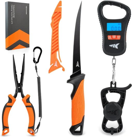 ToughTide Fishing Tool Kit, Rechargeable Digital Fish Scale with Lip Grip & Tape Measure, 7” Fillet Knife with Sheath & Sharpener, 8” Split Ring Fishing Pliers 5pc Fishing Tool Kit
