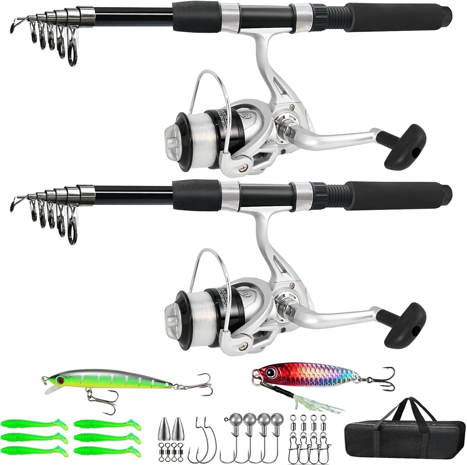 Fishing Pole Combo, 6.9ft 2Pcs Telescopic Rods Set, Collapsible Carbon Fiber Fishing Rods, 2PCS Spinning Reel Set with Carrier Bag Freshwater Fishing Rod and Reel Combos Kits 2.1M/6.89FT