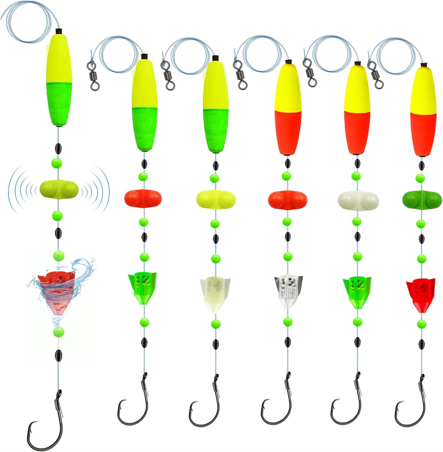 6Pcs Catfish Fishing Rigs Ready Kit，2 in 1 Rotating rattles/Double Rattles Beads, Float Rigs Tackle Santee Rig Peg Catfish，Free Adjustment in freshwter and Saltwater