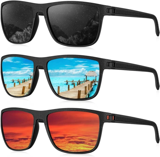 Polarized Sunglasses for Men, Lightweight Sun Glasses with UV Protection for Driving Fishing Golf (3 Pack) Black/Ice Blue/Red