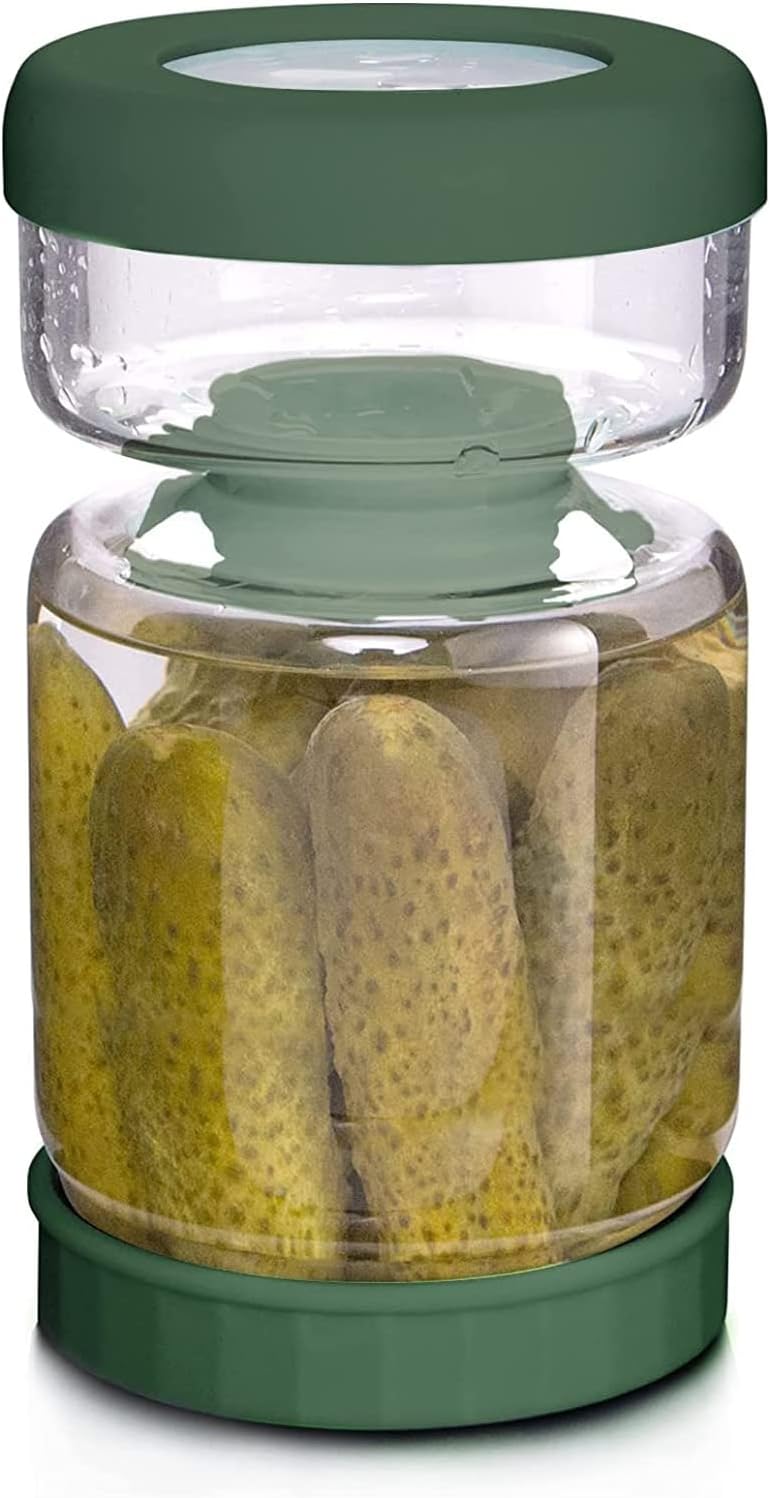Glass Pickle Jar,34oz Olive Hourglass Jar with Strainer,Airtight Glass Jar Pickle Juice Separator Flip Pickle Jar for Gherkin Jalapeno 34oz Dark Green Pickle jar