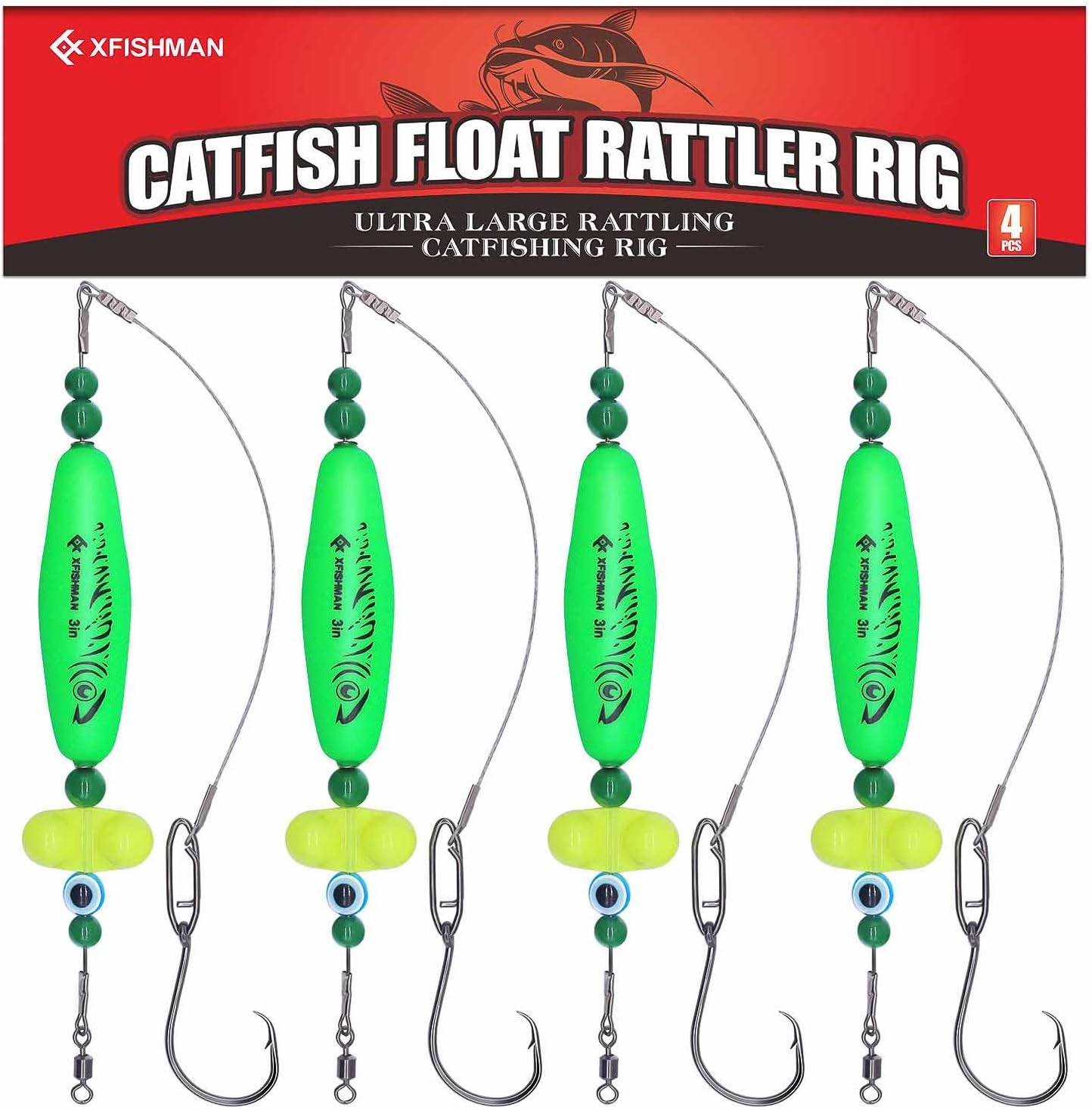 Catfish-Rig-for-Bank-Fishing-Catfishing-Tackle-Floats-with-Rattler-Santee Cooper Rig Equipment Green-4 Pack 2.5 inch