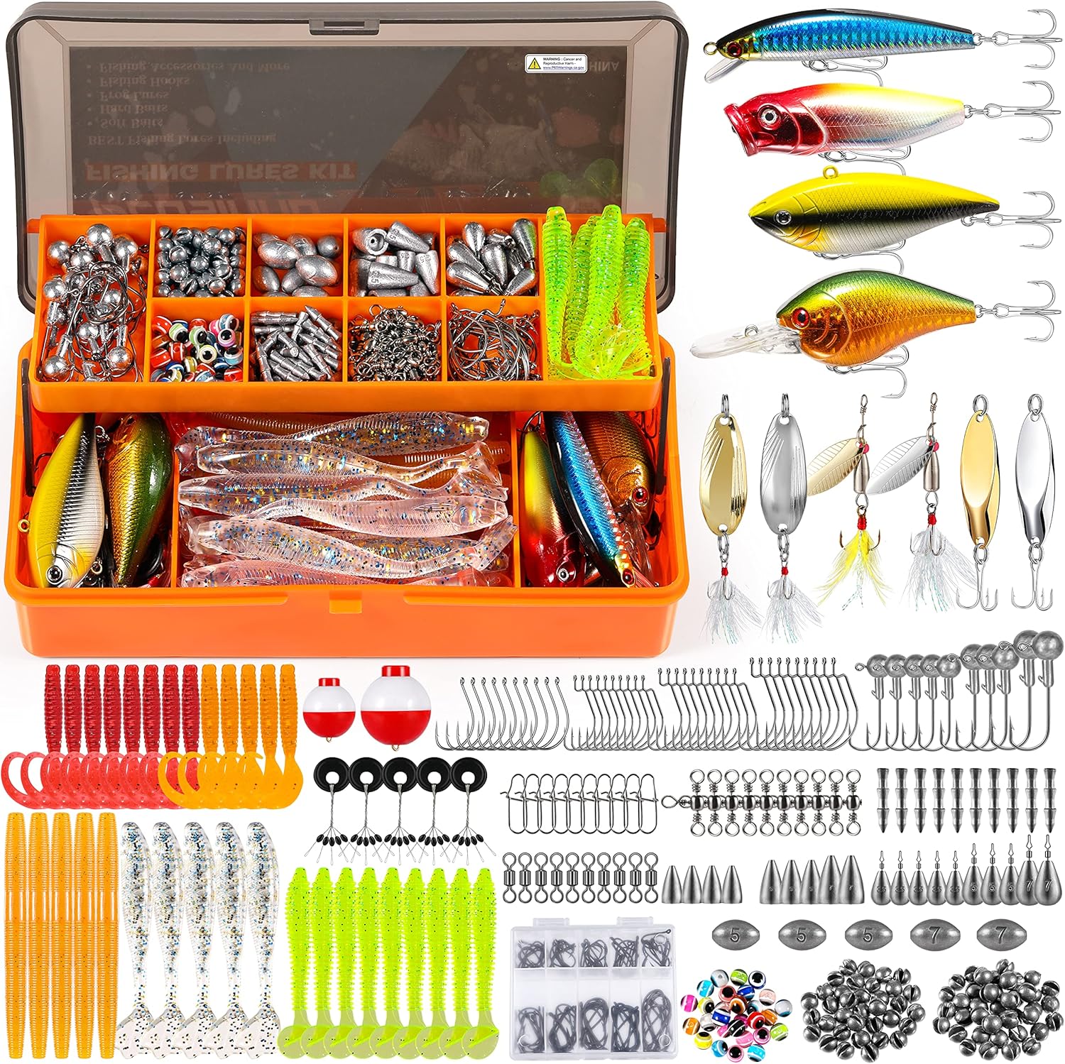 353/404 PCS Fishing Lures, Upgrade Fishing Tackle Box with Tackle Included, Crankbaits, Hooks, Weights, Other Accessories, Fishing Lure Bait Gear Equipment Kit Gift for Men Freshwater Bass 353 Pcs Fishing Tackle Kit