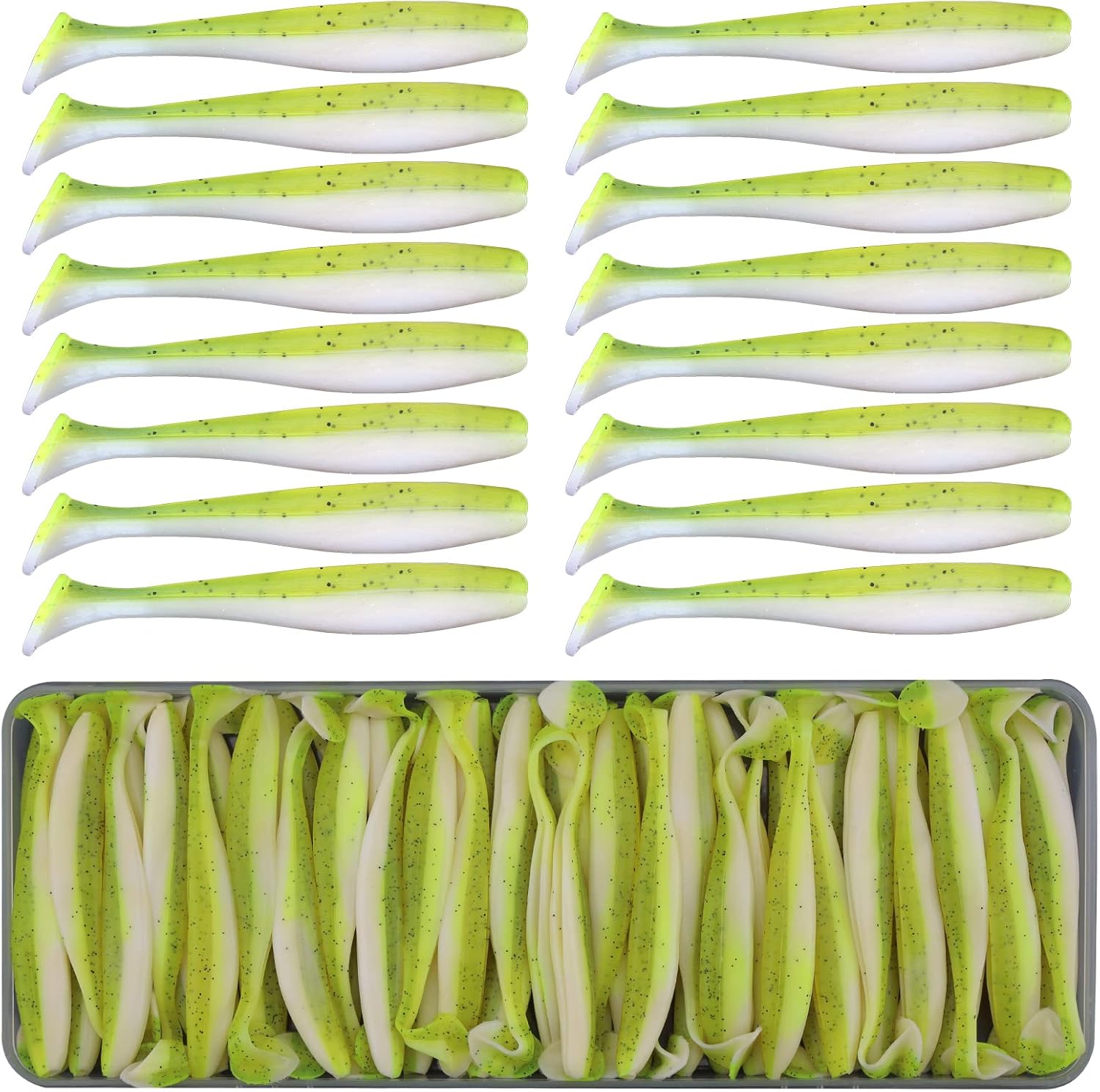 50Pcs Soft Lures Swimbaits Fishing Bass Plastic Paddle Tail Luya Bait Portable Box Proven Colors for Trout Salmon Redfish Freshwater Saltwater olive #4 (3.54 inch)