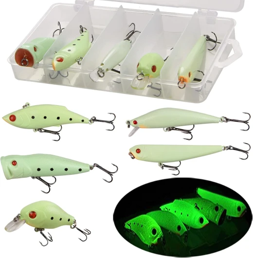 Glow Fishing Lures Bait Kit Luminous VIB Popper Crank Minnow Pencil Hard Bait with Treble Hook Night Fishing Bait Tackle Box 5pcs