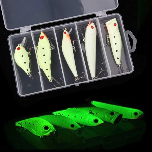 Glow Fishing Lures Kit, 5/10pcs Luminous VIB Popper Crank Minnow Pencil for Night Fishing Glow in The Dark Artificial Hard Bait with Treble Hook Tackle Box for Bass Trout Catfish 1box(5pcs)