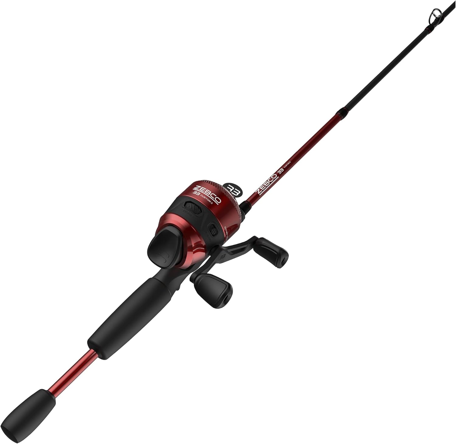 33 Custom-Z Spincast Reel and 2-Piece Fishing Rod Combo, 6-Foot Fiberglass Rod with Split-Grip EVA Handle, Quickset Anti-Reverse Fishing Reel with Bite Alert Red