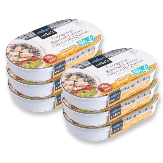 COLE’S - Patagonian Smoked Salmon Fillet with Quinoa- Ready to Eat Meal - 5.6 oz Hand-Packed Canned Fish - 19g Protein - High in Vitamin D - 6 pack Salmon Quinoa 5.6 Ounce (Pack of 6)
