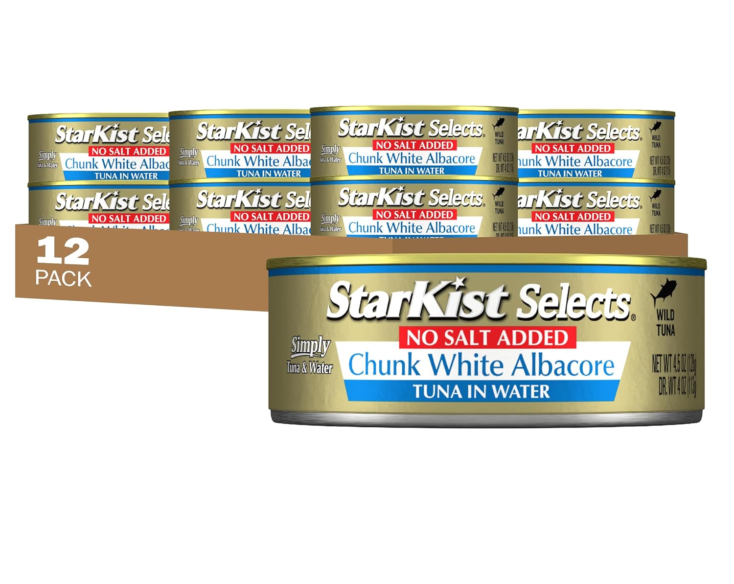 Selects No Salt Added Chunk White Albacore Tuna in Water, 4.5 oz (12 Pack) Canned Tuna Fish, Wild Caught, Gluten Free, Ready to Eat, Perfect for Salads, Keto Meals & Snacks, 30g Protein Albacore in Water (No Salt Added) 4.5 Ounce (Pack of 12)
