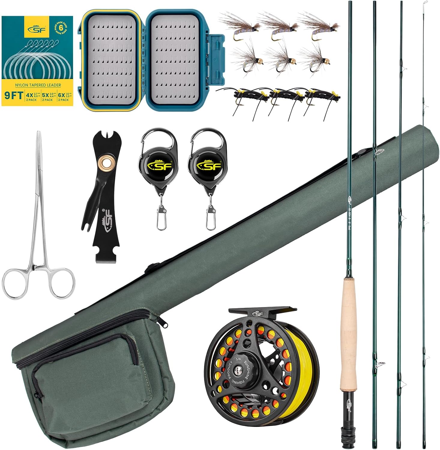 Fly Fishing Rod Combo Starter Kit Semi Gloss Green Jade Finish 24T Carbon Fiber Trout Travel Fly Rod with Reel,Fly Rod case,Fly Box , Flies,Tapered Leader,Knot Tying Tools Emerald Green Fly Rod Combo 5wt 9', 5wt, 4sec, M.F Ambidextrous