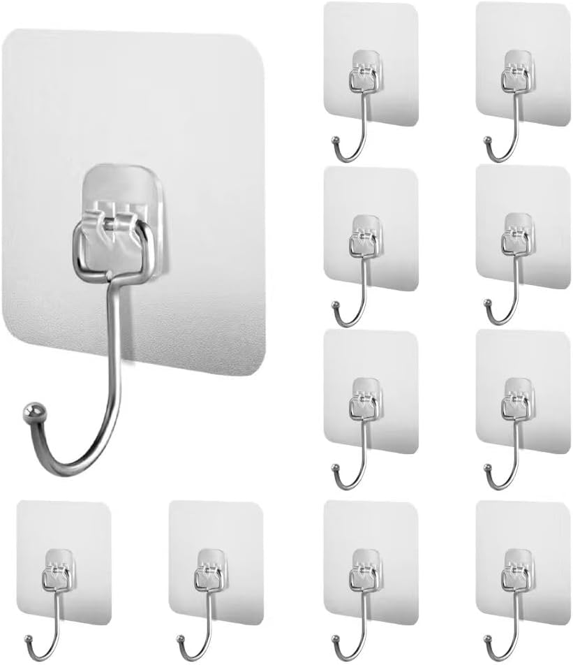 Adhesive Wall Command Hooks, Heavy Duty Removable Hooks, No Drill Transparent Utility Hooks, Stainless Steel Waterproof Oilproof Wall Hangers for Kitchen Bathroom Living Room (10 Pack)
