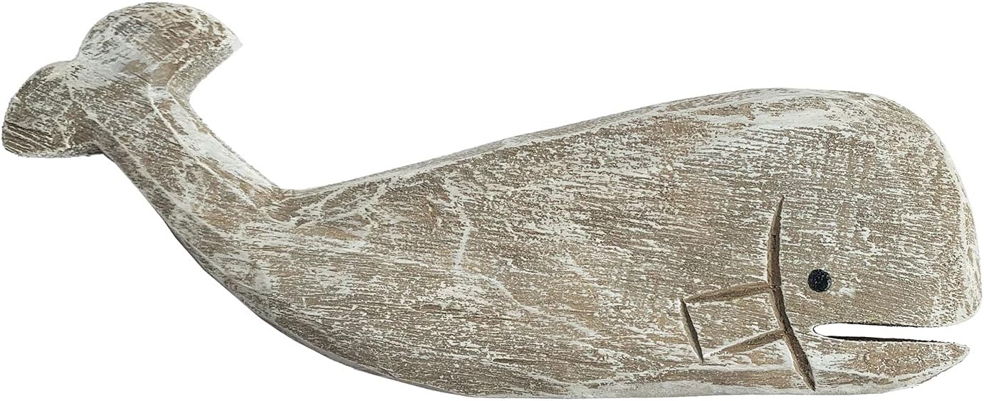 Rustic Wooden Carved Whale Tabletop Statue, Decorative Whale Figurine Carving Sculpture - Nautical Ocean Beach Coastal Themed Home Decor - 12''L