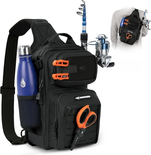 BlowBak Tactical Sling Tackle Bag-Lightweight Fishing Backpack Storge Fishing Gear and Equipment,Gift for Men A: Black - Standard--14” X 8” X 6