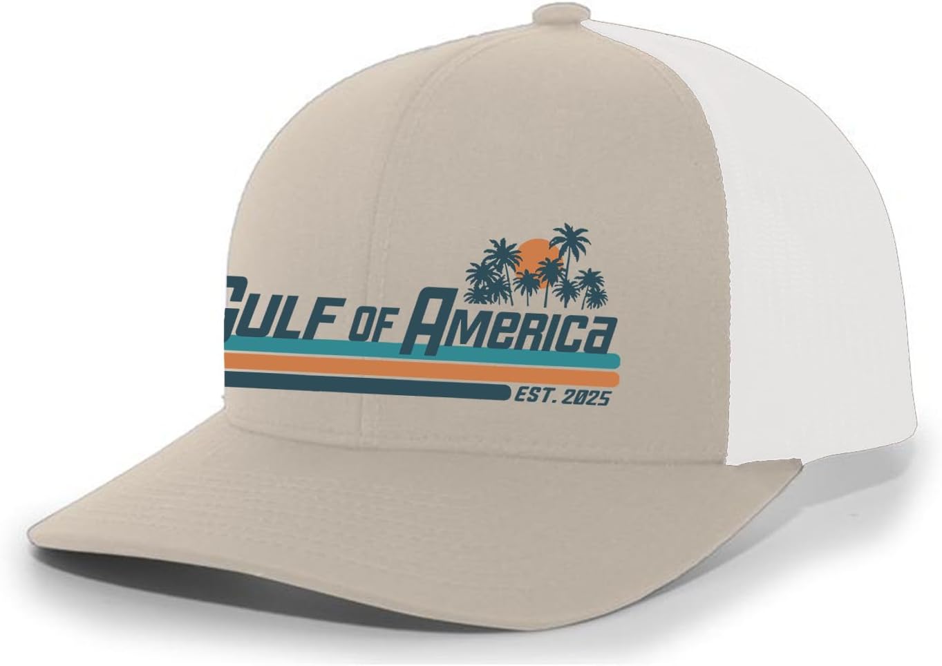 Gulf of America Sunset Palm Trees Mens Embroidered Mesh Back Trucker Hat Khaki/White