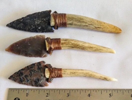 Generic GENUINE DEER ANTLER KNIFE MINI 4""- 6"" with STONE ARROWHEAD REPLICA - Home Decor - Knife Collection - Cosplay - Art Object - HANDMADE in the USA, AK004