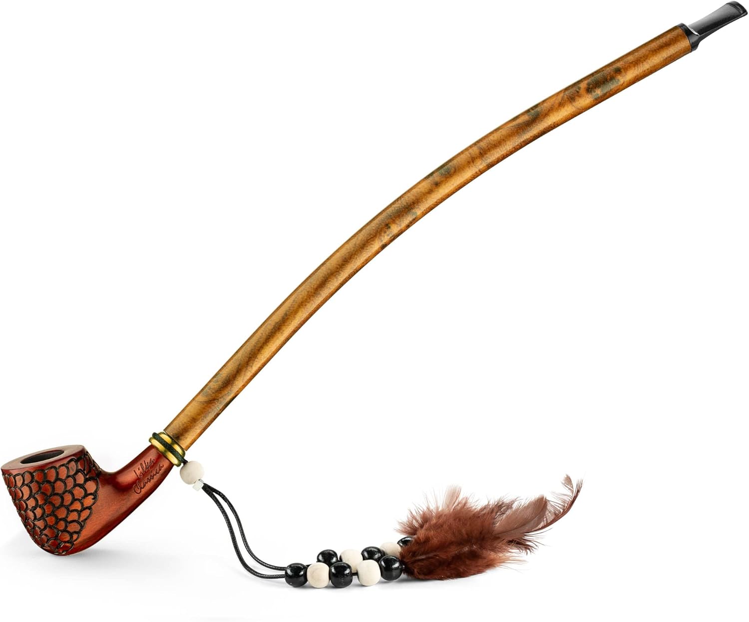Extra Long 14" Stem Churchwarden Pipe - With Indian Spirit Feathers & Beads - Hand Made Wood Smoking Bowl - in Gift Box Rusticted