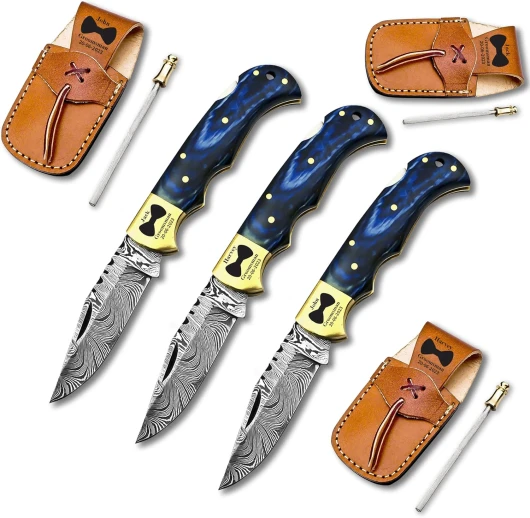 Set of 3 - Personalized Damascus Pocket Knife for Groomsmen -With Leather Sheaths - Custom Engraved Pocket Knives - Groomsman Gifts for Wedding, Groomsmen Proposal Gifts White & Blue Pack of 3