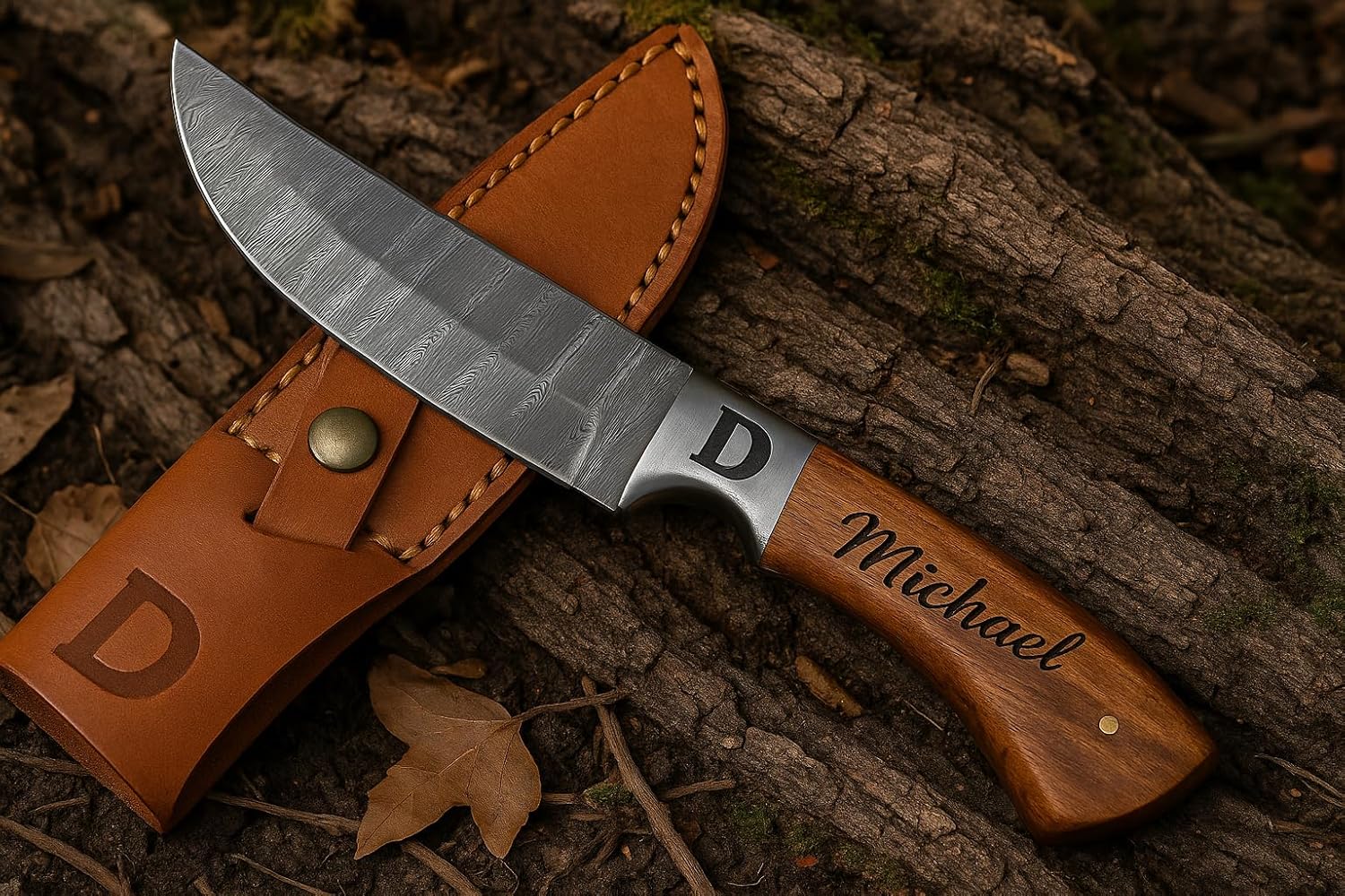 Custom Damascus Knife with Wood Handle – Personalized Fixed Blade with Sheath, Bushcraft Gift for Him, Camping Knife