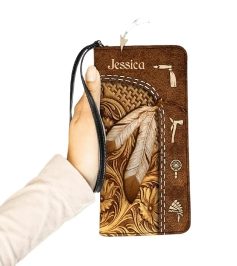 Personalized Native American Women Leather Wallet, Tribal Navajo Feather Zipper Wallet, Western Southwestern Long Ladies Travel Clutch Wristlet, Custom Gifts For her Mom Friend (Feather 2)