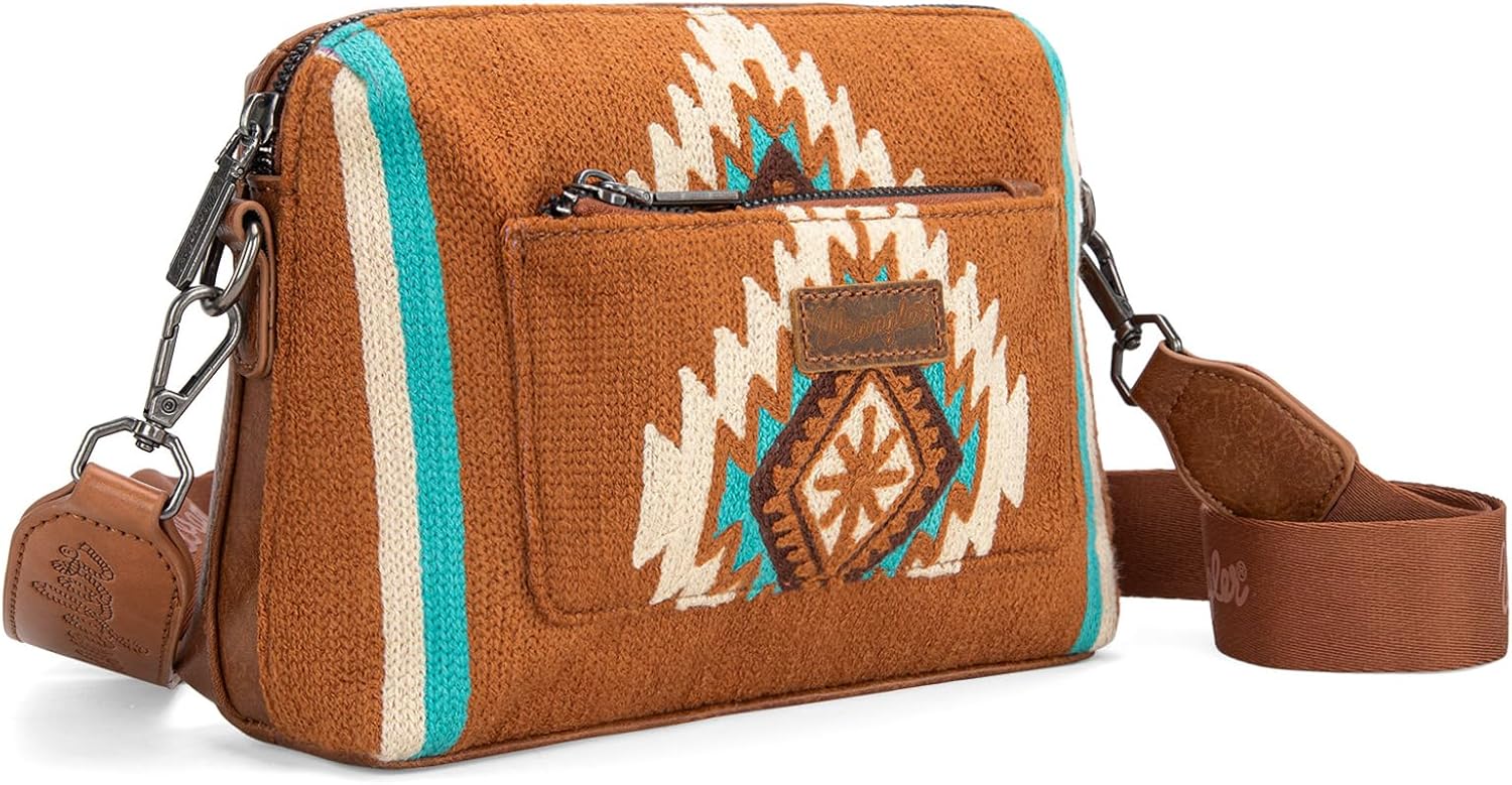 Wrangler Western Aztec Small Crossbody Bags for Women Multi Pocket Over Shoulder Crossbody Purse with Guitar Strap Brown