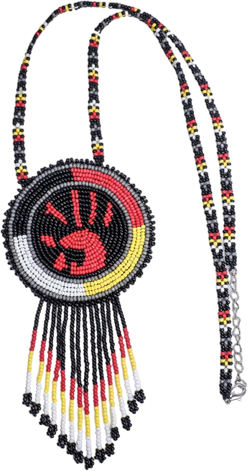 Native American Handmade Premium Necklace For Women, MMIW/Indigenous Women Necklace Pendant Long Beaded Native American Style MMIW Handprint Premium