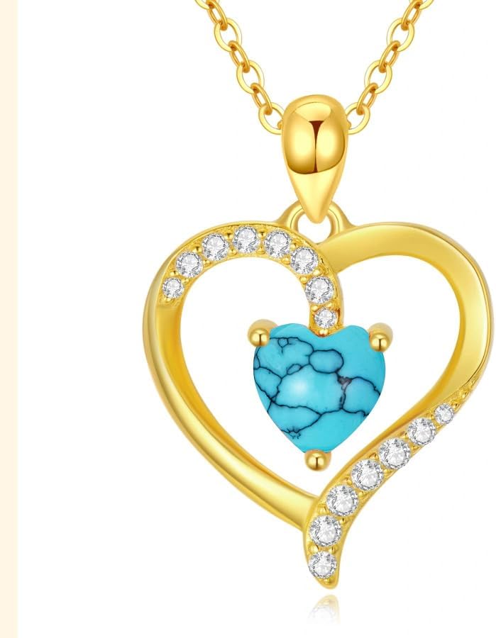 14K Gold Heart Pendant Necklace for Women 14kt Gold Birthstone Heart Necklace Birthday Christmas Gift for Her Sister Mom Wife Girlfriend, 16+2 Inch 12-December-Turquoise