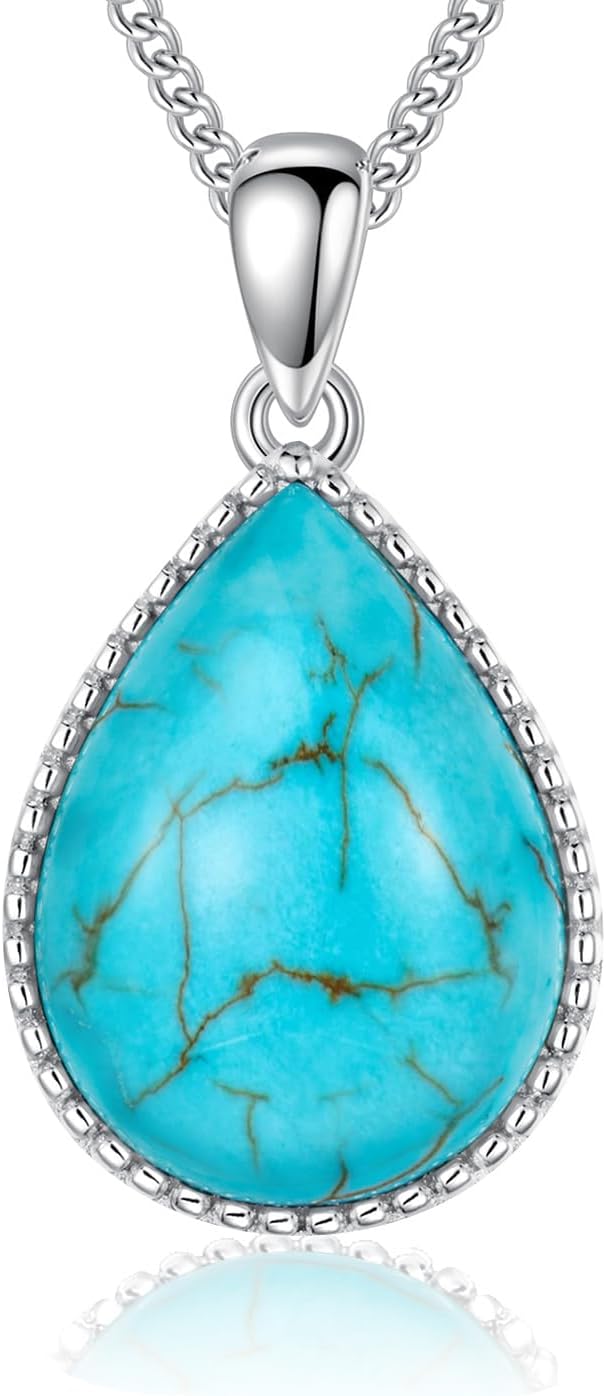 Genuine Turquoise Necklaces Jewelry for Women 925 Sterling Silver Teardrop Natural Gemstones Pendant with December Birthstones for Her style 1-Turquoise