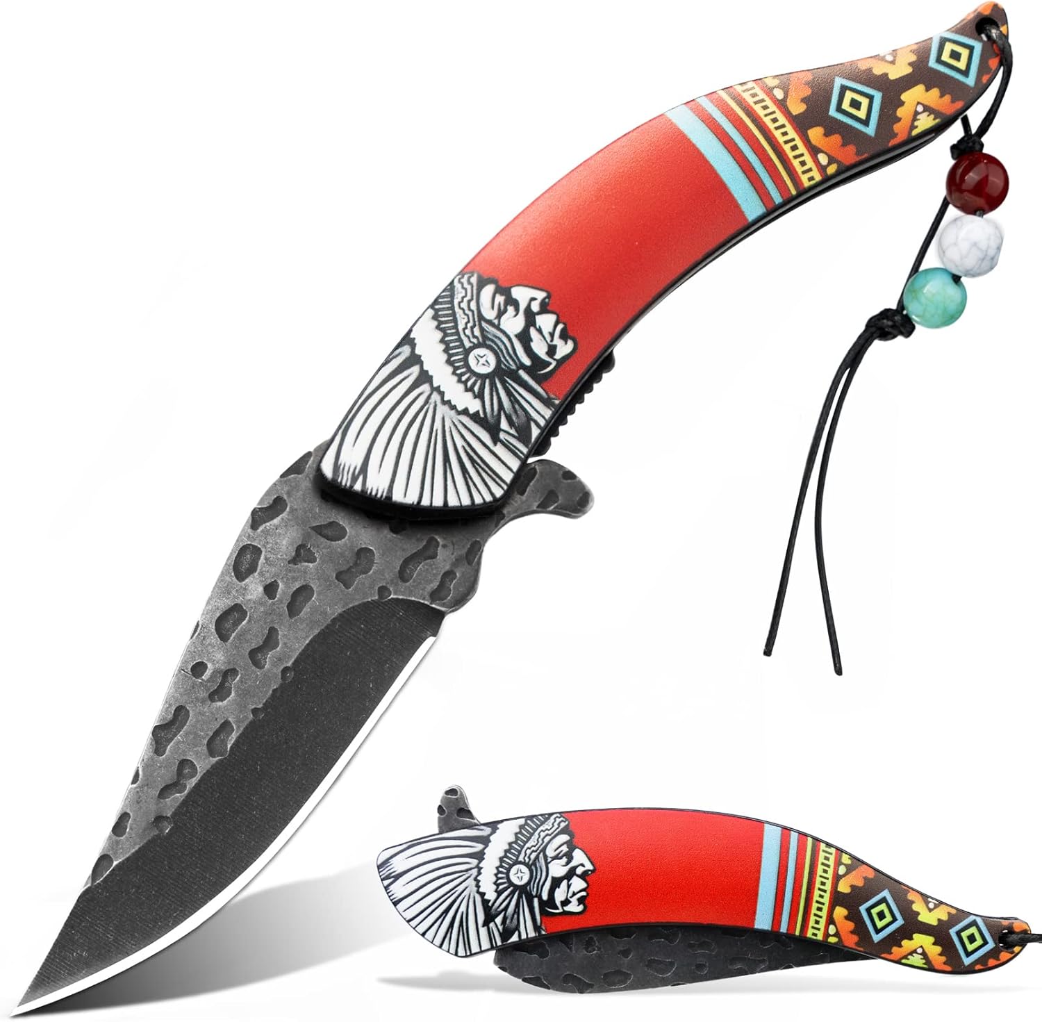 INDIANS Pocket Folding Knife, Vintage Art Native American Outdoor Survival Knife With 3D Retro Embossed Pattern, Cool EDC Gift For Men