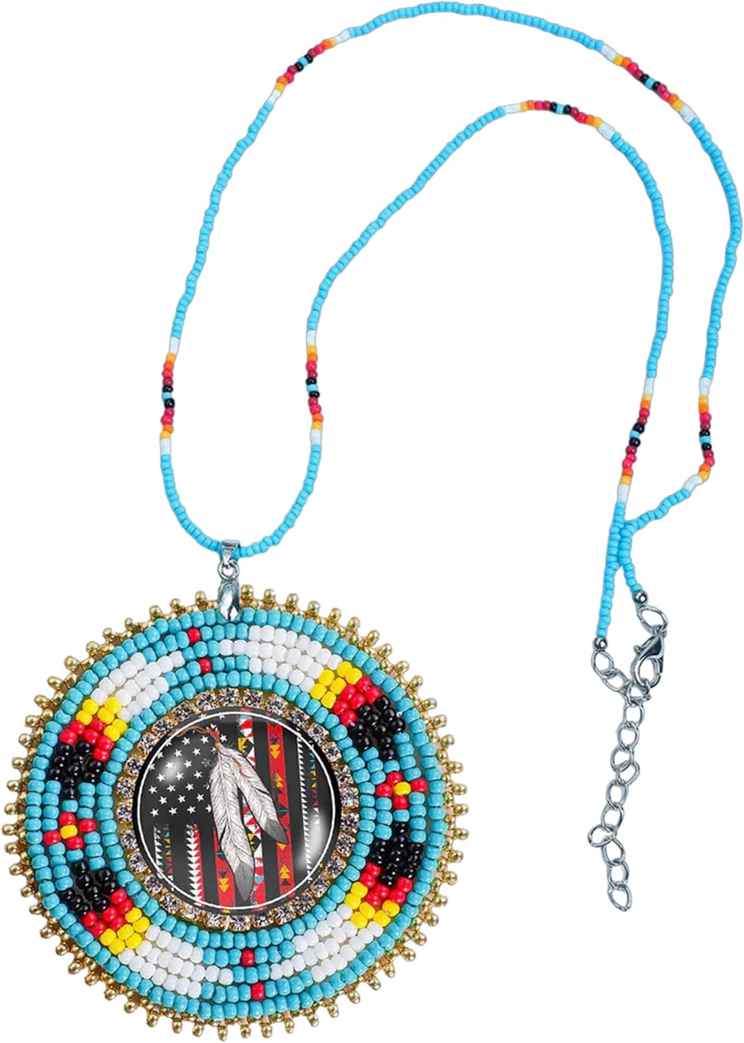 Handmade Beaded Patch Necklace Pendant Unisex With Native American Style, Christmas Birthday Native American Day Gifts Native Flag