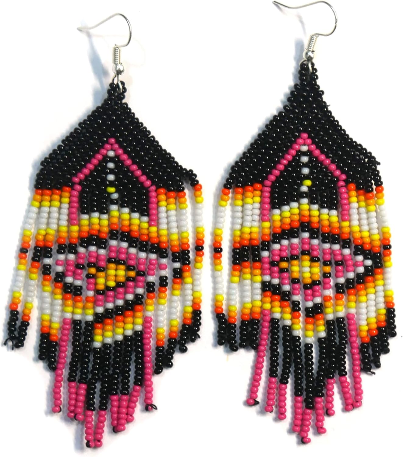 Handmade tribal Long Fringe native glass seed beads beaded earrings Black & Pink
