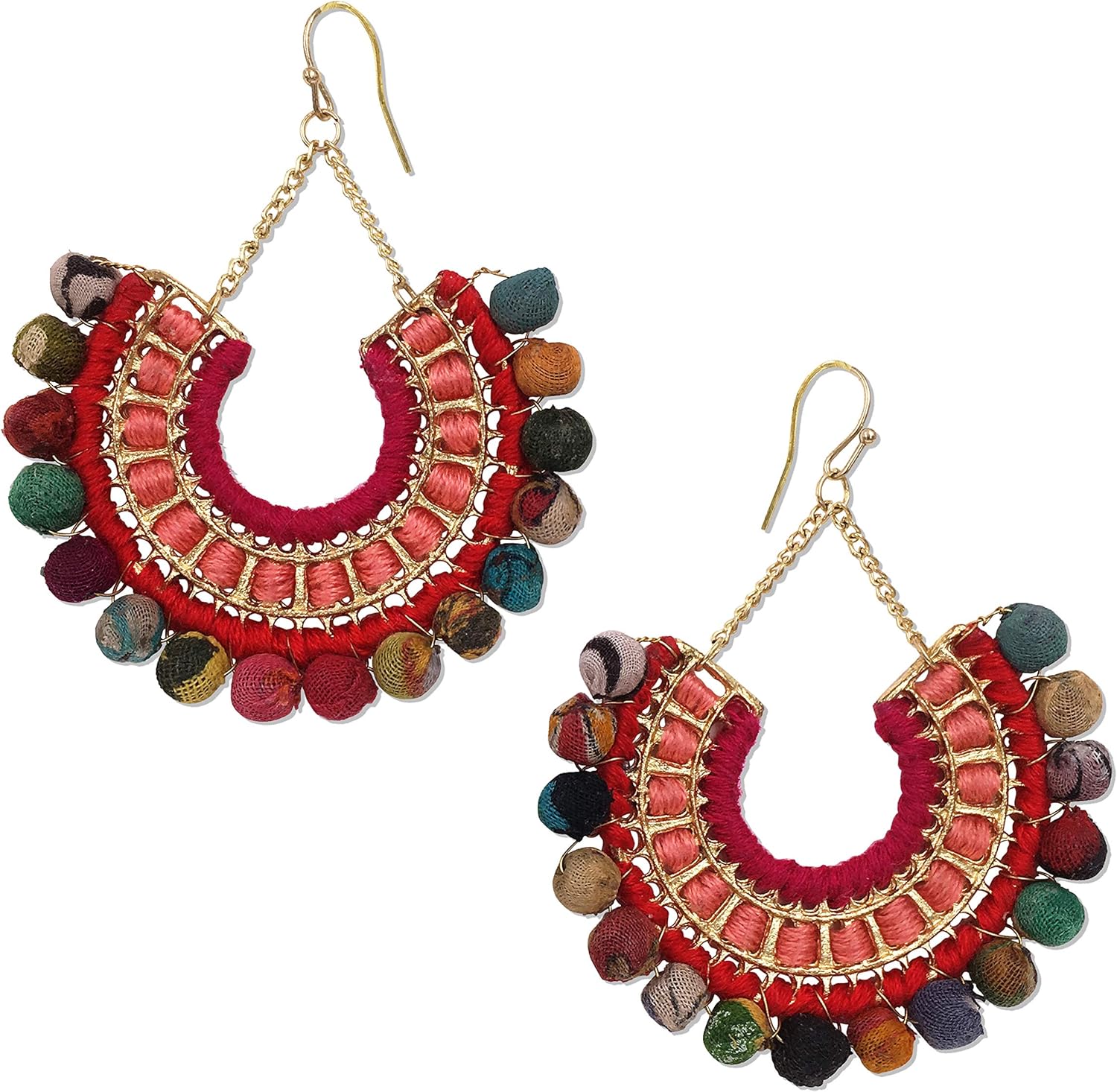 Handmade Earrings for Women Colorful Upcycled Fabric Beads Boho Statement Drop Dangle Style T003