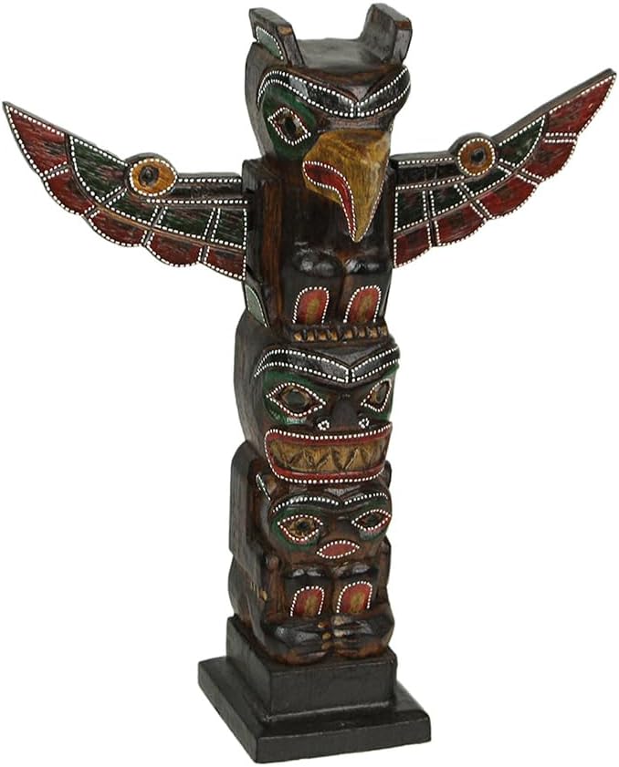 Things2Die4 Handcrafted Wooden Eagle Totem Statue: Intricately Carved with Tribal Designs and Dot-Painted Accents, 12 Inches High, Symbolizing Independence and Strength Spread Wings