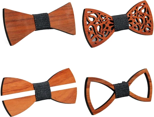 4 Pieces Natural Wood Bow Ties Handcrafted Wooden Adjustable Bowties Necktie Mens Bow Ties for Tuxedo Wedding Party Set 01