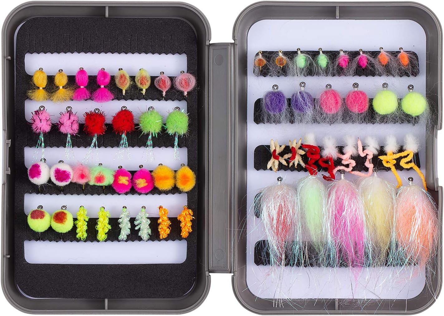 57pcs Fly Fishing Egg Flies Kit with Fly Box for Steelhead Salmon Trout Fishing Include Egg Flies, Worms, Streamers