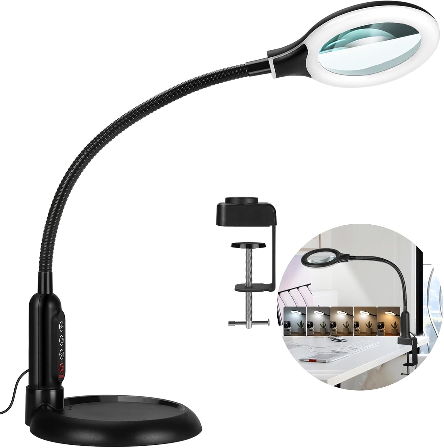 10X Magnifying Glass with Light and Clamp, 5 Color Modes Stepless Dimmable Lighted Magnifier with Stand, Flexible Gooseneck LED Desk Lamp Hands Free for Craft Reading Painting Hobby Close Work Black 10X